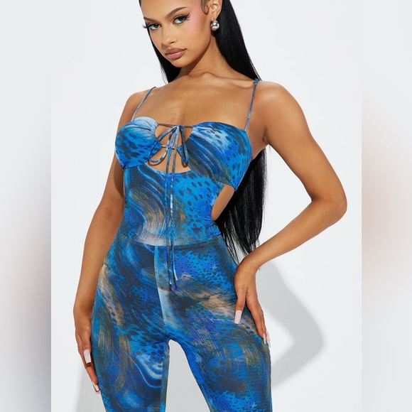 Fashion Nova What You're Missing Mesh Jumpsuit - Blue/combo - Picture 2 of 6